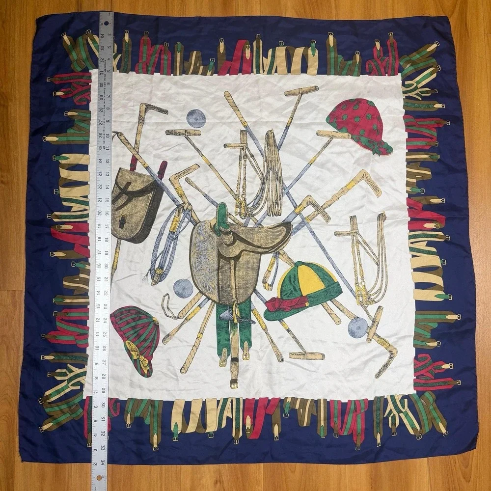 Vintage Pure Silk Equestrian Polo Scarf Navy Blue Made in Italy 34x33.5